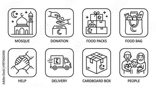 Eid charity icons: donation, box, food packs, delivery, help, bag, people, mosque, aid.