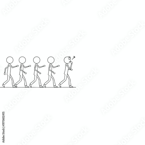 Minimalist line art of a confused leader walking with a question mark while being followed by a row of identical people