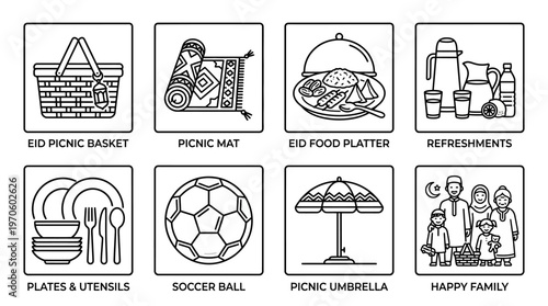 Picnic icons showing basket, blanket, food, drinks, lantern, family outing, sports, and beach fun