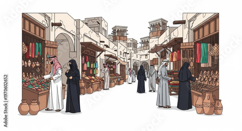 Bustling Middle Eastern Souk Scene with Traditional Attire and Architecture.