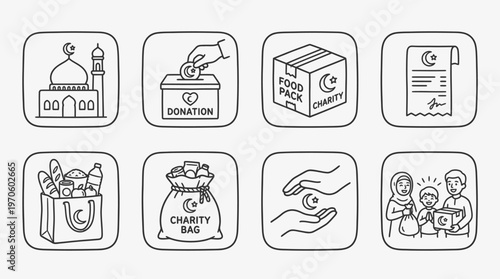 Islamic charity icons showing donation, food aid, community support, and giving essentials