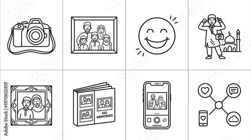 Photography icons showing family portraits, smiling faces, photo albums, and digital sharing moments