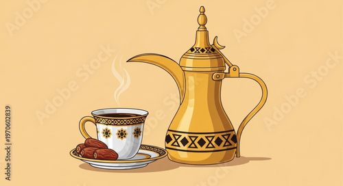 Traditional Arabic Coffee Pot with Cup and Dates Still Life.