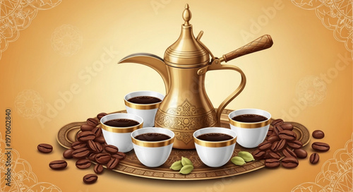 Traditional Arabic Coffee Pot and Cups with Coffee Beans.
