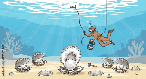 Pearl Diver Discovering a Large Pearl in an Oyster Bed.