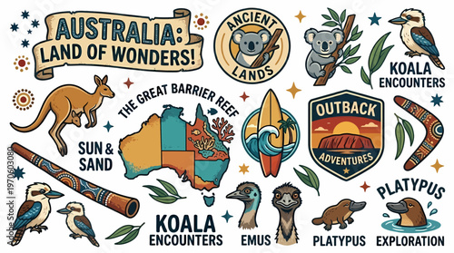 Australia Travel Icons: Koala, Kangaroo, Outback, Reef, Platypus