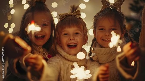 A group of happy children holding sparklers laughing 