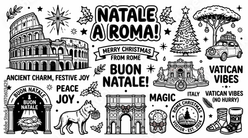 Christmas in Rome: Colosseum, Vatican, Arch Doodle Art