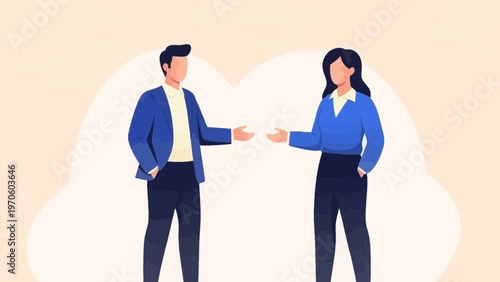 Business meeting: two professionals in blue suits discussing ideas, modern flat illustration