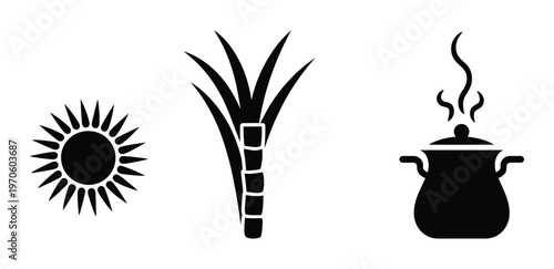 A set of three black vector icons depicting a sun, sugarcane, and a steaming pot, perfect for use in design projects related to food, nature, or tropical themes.