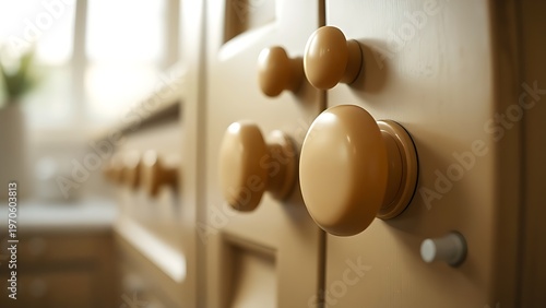 bakelite. Close-up of Art Deco style bakelite knobs on kitchen cabinet, vintage aesthetic. product launch decks, UI/UX mockups, designed for product launches and innovation pitches, clarifies data.