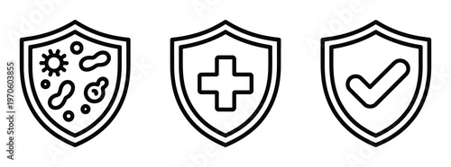 Modern line icons set of health protection, immunity, medical safety, antivirus Immunity and health protection icons with germ shield, medical cross, and checkmark, symbolizing defense and safety.
