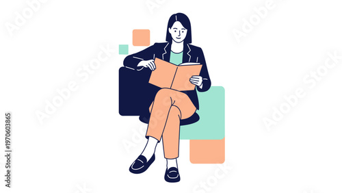 Woman in business attire reading a book while sitting on a chair, minimalist illustration