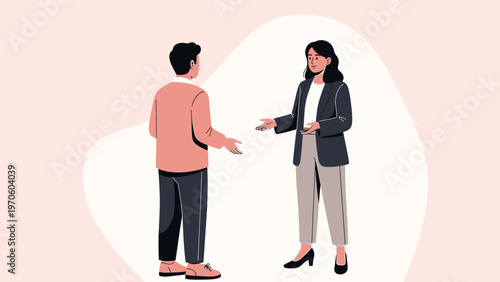 Business meeting illustration: man and woman discussing ideas, professional collaboration