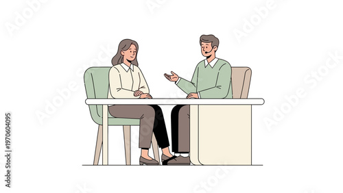 Business meeting: man and woman discussing at desk, professional illustration