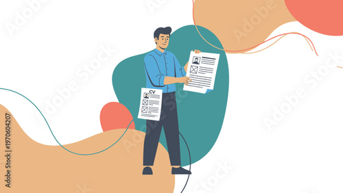 Man holding CV and job application papers, recruitment concept