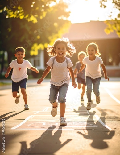 Four children playfully run across a hopscotch grid outdoors, bathed in golden sunlight