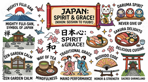 Japan Spirit & Grace: Fuji, Sushi, Geisha, Daruma, Zen Garden
