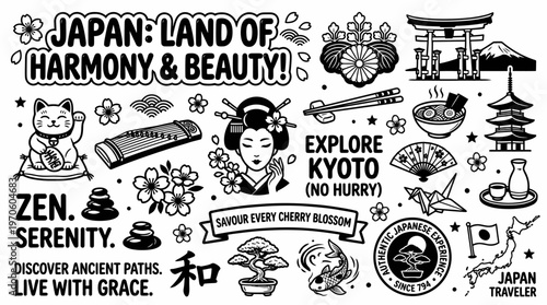 Japan Travel Doodle Collage: Culture, Icons, and Zen