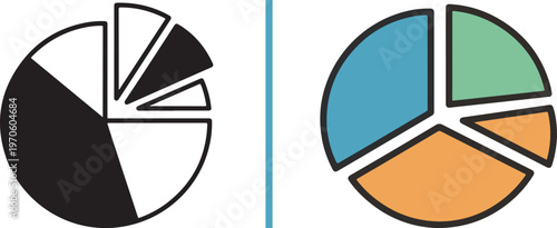 Minimalist vector icons of pie charts. Features a black and white outline graph with divided slices and a colorful flat design version with blue, orange, and green segments, perfect for data analysis.