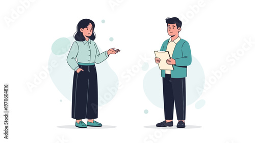 Business meeting illustration: two professionals discussing ideas in a modern office setting.