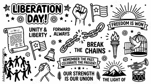 Liberation Day Doodle Art: Freedom, Unity, Break Chains