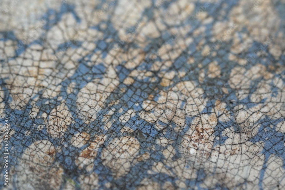Fototapeta premium Close up of a vintage antique enamel frying pan showing the patina on the surface and signs of rust.