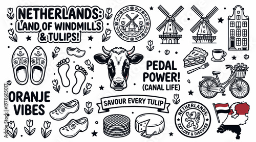 Netherlands Icons: Windmills, Tulips, Cow, Bike, Cheese, Clogs