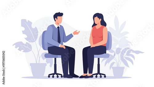 Therapy session: man and woman talking, seated in chairs, plants in background