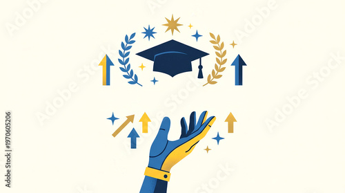 Inspiring hand reaching toward graduation cap representing success achievement goal education arrow star elements showing hopeful ambition for bright future growth and career development