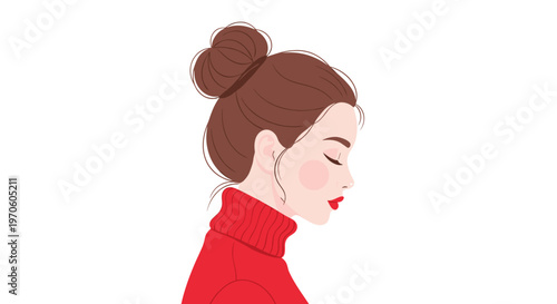 Elegant young woman with closed eyes and red lipstick wearing a red turtleneck sweater styled in a high bun profile