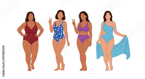 Diverse group of women in colorful swimsuits enjoying summer vacation body positivity and self acceptance themes