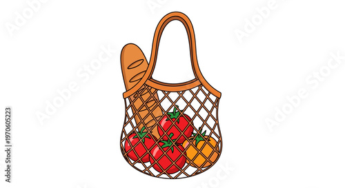 Reusable mesh shopping bag filled with fresh produce like tomatoes and oranges alongside a crusty baguette symbolizing