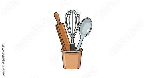 Set of essential baking utensils including a wooden rolling pin metal whisk and large spoon neatly arranged in a simple