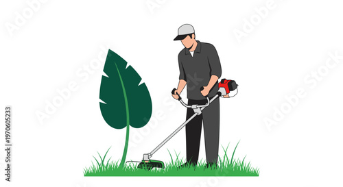 Gardener with trimmer tending to lush green grass and large tropical leaf professional lawn care outdoor maintenance