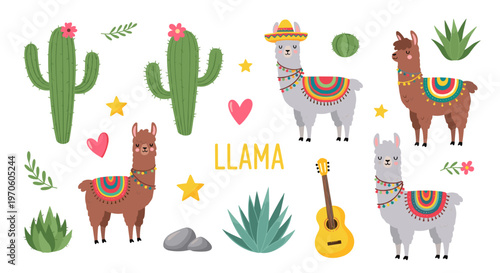 Vibrant cartoon llamas in traditional andean attire with cacti guitar and hearts celebrating festive south american