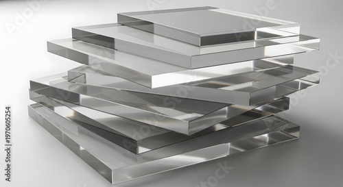 Stack of clear transparent glass or acrylic sheets with reflections