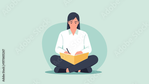 Woman writing in notebook, sitting cross-legged, focused on study or journaling