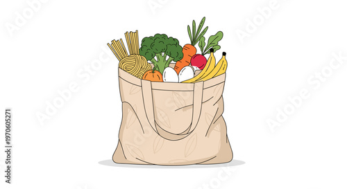 Full reusable canvas tote bag overflowing with fresh colorful produce like broccoli bananas carrots and apples