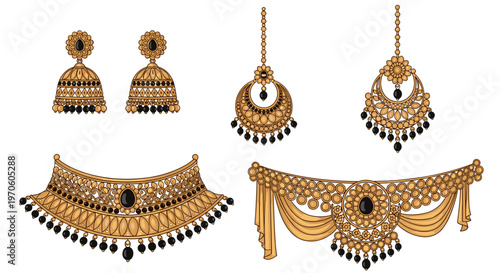 Exquisite golden indian bridal jewelry set featuring intricate filigree designs black gemstones and dangling pearls