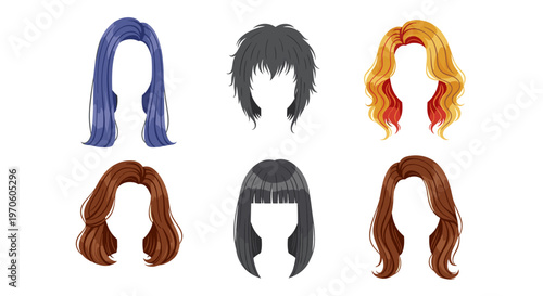 Collection of diverse wig styles and colors including long short wavy and straight hair isolated on a clean white