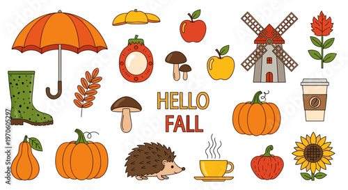 Vibrant autumn collection hello fall theme with pumpkins umbrella boots hedgehog sunflower windmill and hot drink