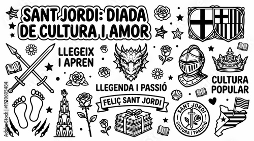 Sant Jordi Catalan Culture Symbols: Dragon, Knight, Books, Roses