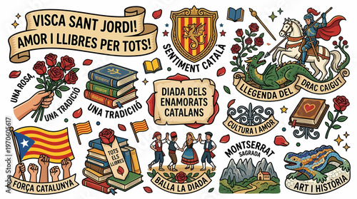 Sant Jordi Day Catalonia Symbols: Rose, Book, Knight, Dragon, Flag