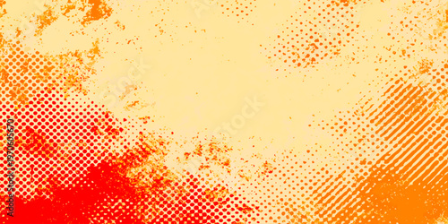 Abstract orange grunge vector wallpaper featuring a colorful halftone dot pattern and artistic textured shapes on a light yellow backdrop design