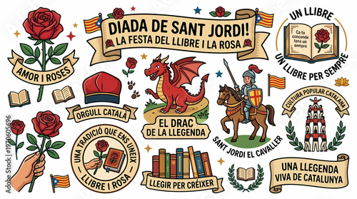 Sant Jordi Day Dragon Knight Rose Book Catalan Culture