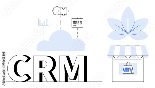 Business optimization, customer tracking, cloud management, retail services, data integration, strategy planning. CRM text with icons of cloud, analytics and store. Business optimization and cloud