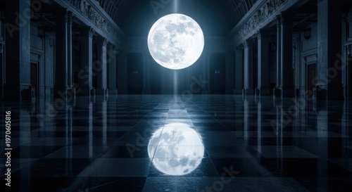 Full moon illuminated and reflected brilliantly within a vast, dark, architectural hall
