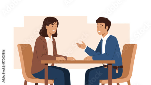 Two colleagues discussing business at a table, illustration