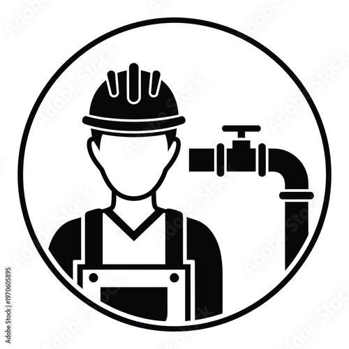 Worker in hard hat and overalls with pipe and tap  plumbing services icon icon